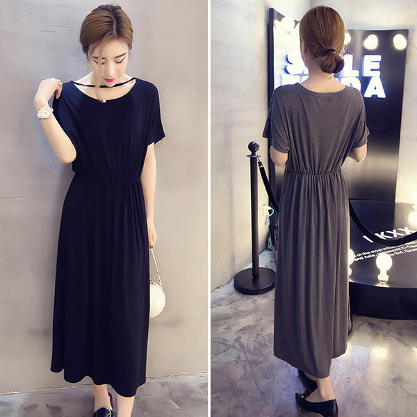 春夏新款女装韩版百搭修身显瘦打底中裙女纯色圆领挂脖短袖连衣裙