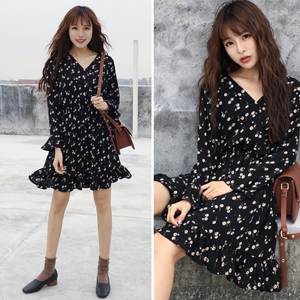 春季新款女装韩版宽松碎花v领高腰连衣裙女 日系小清新打底碎花裙