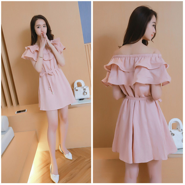 早春新款女装性感荷叶边一字领露肩小清新收腰修身显瘦A字连衣裙