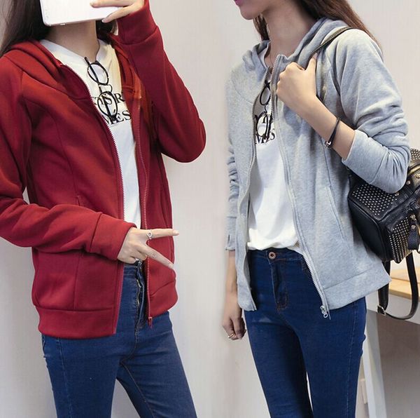 春装纯色韩版开衫连帽卫衣宽松大码女士薄款学生简约棒球服外套潮