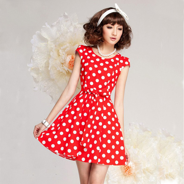 2015红底白点波点短袖大摆波蝴蝶结夏天连衣裙子