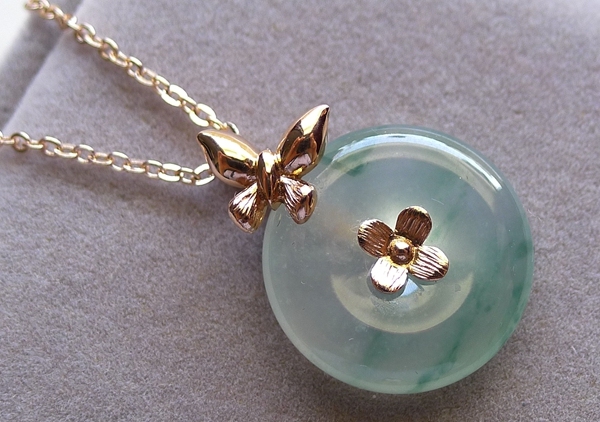 明珠天然a货翡翠高冰种吊坠飘花平安扣子18k金镶嵌玉扣 缅甸老坑