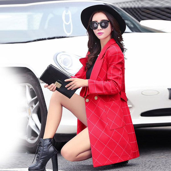 2016秋冬装新款韩版大码女装冬季中长款格子显瘦风衣外套女 8526