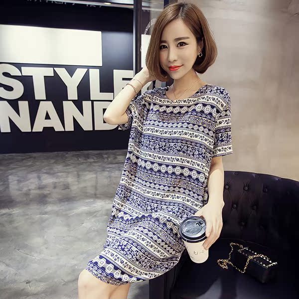 韩国女装大码复古印花中长款裙子碎花短袖时尚连衣裙半袖打底长衫