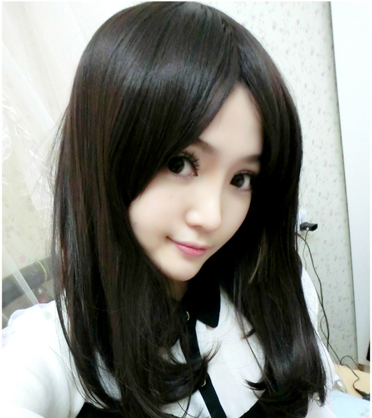 可爱甜美假发女生微卷中长梨花头斜刘海自然黑色棕色学生头假头发