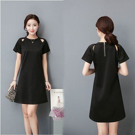 大码女装2017春夏新款韩范宽松直筒黑裙百搭显瘦露肩短袖连衣裙潮
