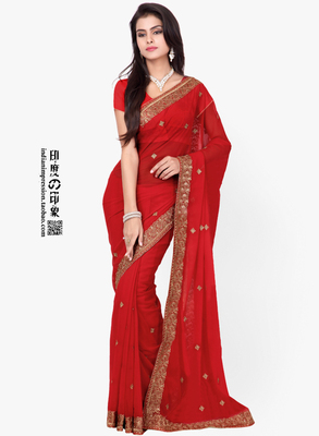 印度之印象 印度进口正品印度纱丽红色手工绣花乔其纱丽服7色选