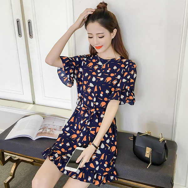 2017夏装新款韩版女装中长款修身时尚连衣裙复古印花雪纺气质短裙