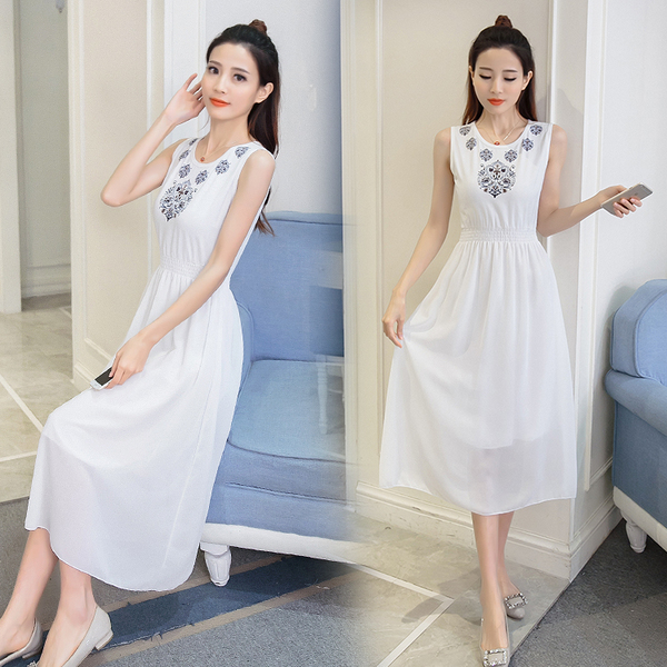 2017夏季新款韩版女装雪纺连衣裙修身显瘦印花长款无袖长裙沙滩裙