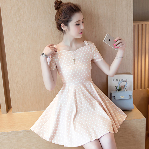 2017春夏季新款女装韩版显瘦修身一字领性感露肩连衣裙条纹吊带裙