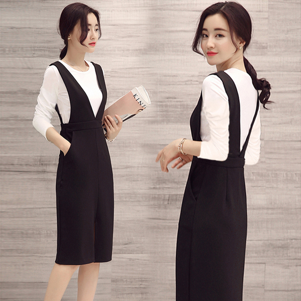 春装韩版新款中长款长袖套装裙修身背带裙两件套夏季短袖连衣裙潮