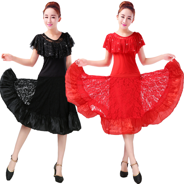 夏季新款华尔兹交谊舞套装国标广场舞服装长裙短袖女成人红演出服
