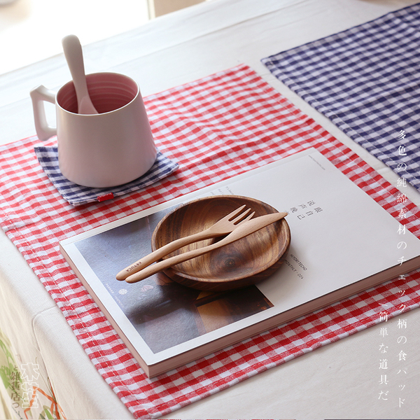 {木苼 日式复古格子棉餐垫/田园桌布隔热杯垫茶巾/美食拍摄背景