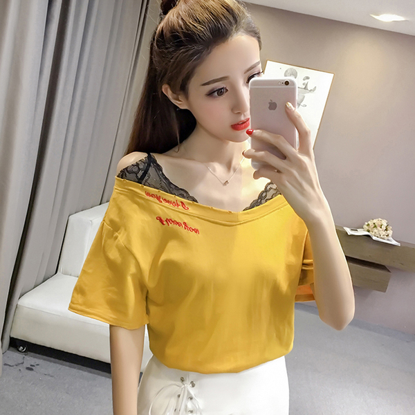 性感一字领吊带上衣漏肩t恤女短袖2017新款小露香肩宽松心机上衣