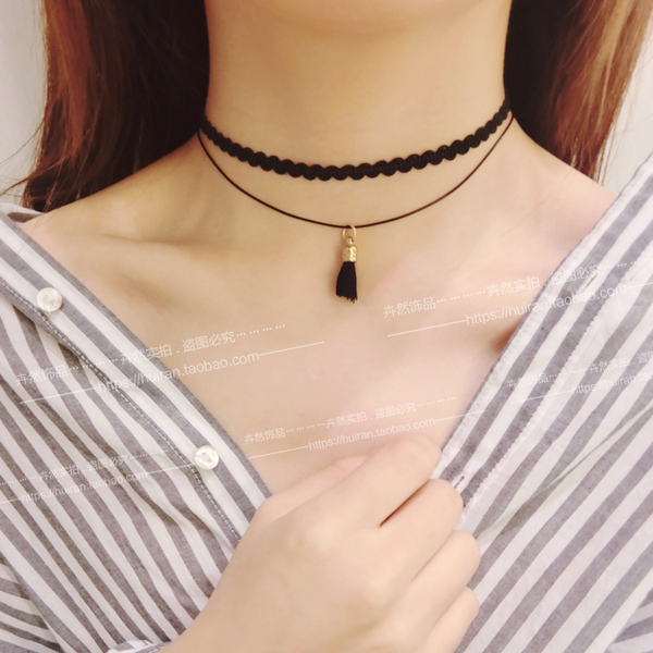 原宿复古黑色蕾丝颈链水钻颈带项圈女欧美朋克项链短款简约锁骨链