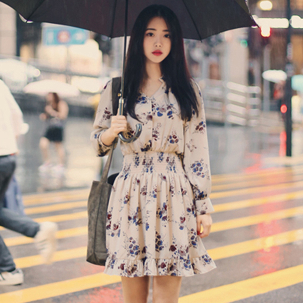 2016秋冬新款韩版甜美收腰V领印花打底中长裙雪纺长袖碎花连衣裙