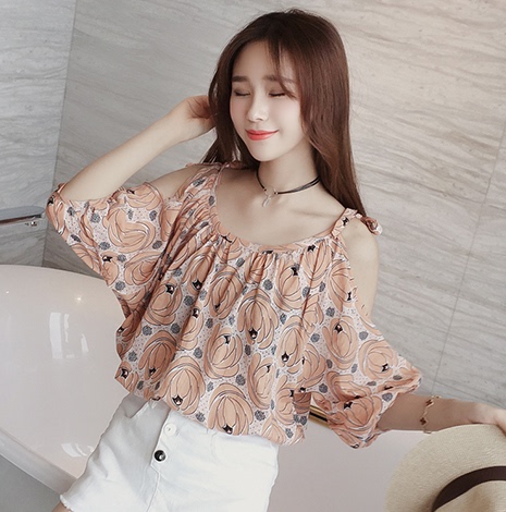 蘑菇街女装潮2017春装新款吊带露肩小上衣雪纺衫女春天衣服姐妹装