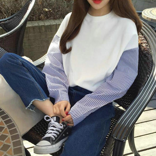 秋冬打底衫女长袖T恤学生韩版条纹短款百搭宽松上衣学院风卫衣潮