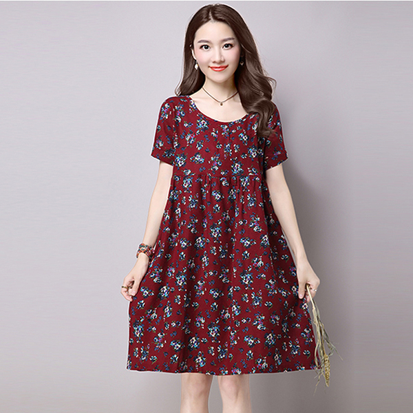 大码女装2017夏新款胖mm妈妈装连衣裙民族风棉麻印花短袖中长款裙