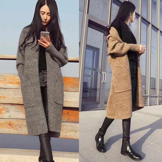 Autumn and winter new fashion Korean women's thin sweater sweater jacket women's long paragraph loose thickening sweater tide