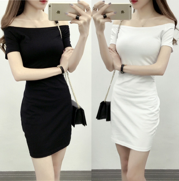 夏款女装纯棉短袖一字领露肩裙性感修身包臀连衣裙打底漏肩中长裙