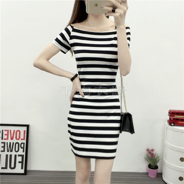 夏款女装纯棉短袖一字领露肩裙性感修身包臀连衣裙打底漏肩中长裙
