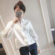 新概念 2016春季新款韩版女士宽松白色拼接蕾丝泡泡长袖衬衫
