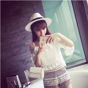 夏季新款韩版宽松气质甜美百搭一字领露肩吊带仙美蕾丝衫女上衣潮