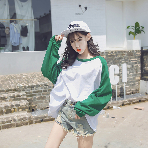 韩版ulzzang学院风慵懒插肩袖拼色圆领大码少女T恤