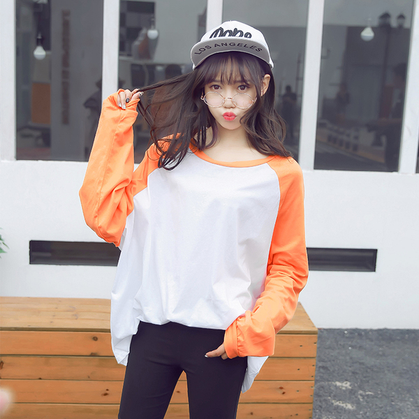 韩版ulzzang学院风慵懒插肩袖拼色圆领大码少女T恤