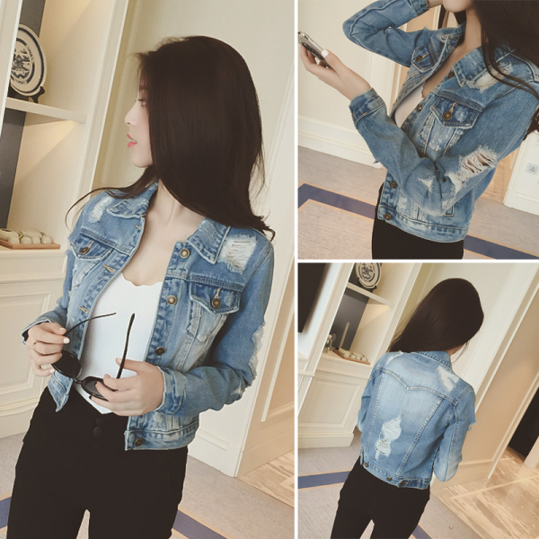 2016秋季新款韩版时尚宽松显瘦百搭破洞长袖牛仔短外套女装上衣潮