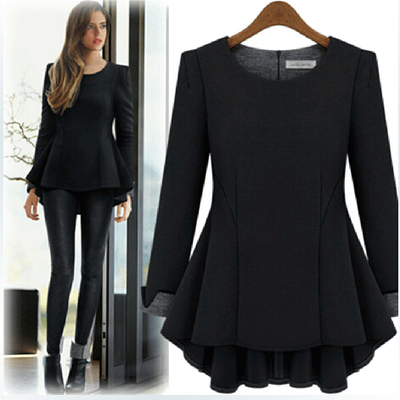 欧美大码女装春秋收腰显瘦荷叶边裙摆上衣胖MM修身打底衫长袖T恤