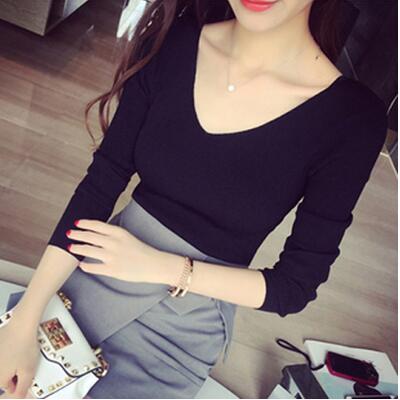 2016秋冬新款百搭V领长袖打底衫女紧身性感弹力针织衫套头毛衣女