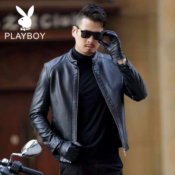 2017春秋新款花花公子男士皮衣男装中青年立领外套薄款皮夹克潮
