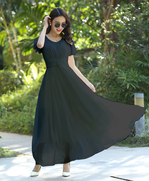 2017夏季新款连衣裙长裙v领雪纺修身女装波西米亚沙滩裙子仙女裙