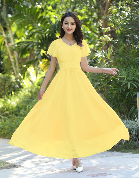 2017夏季新款连衣裙长裙v领雪纺修身女装波西米亚沙滩裙子仙女裙