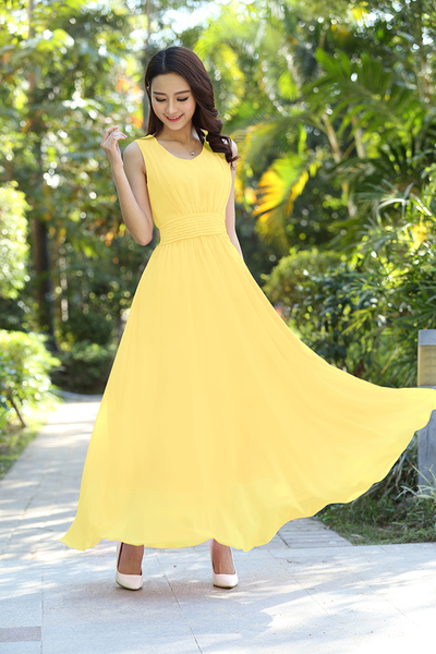 2016夏季新款女连衣裙修身显瘦沙滩裙纯色雪纺裙波西米亚长裙V领