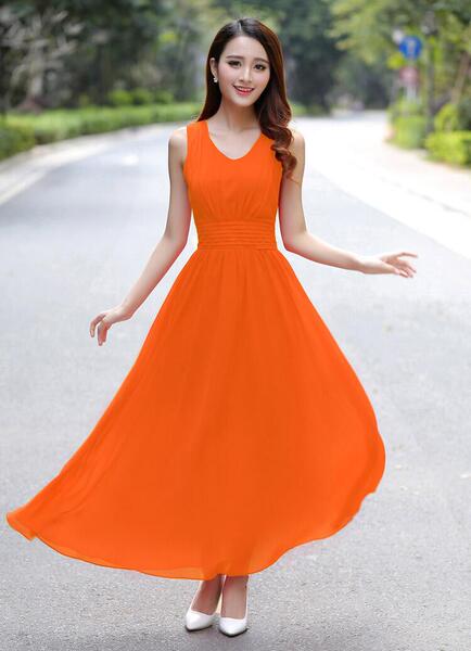 2016夏季新款女连衣裙修身显瘦沙滩裙纯色雪纺裙波西米亚长裙V领