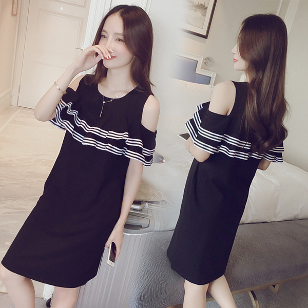 2016夏季韩国条纹荷叶边短袖露肩连衣裙女宽松显瘦中长款A字裙