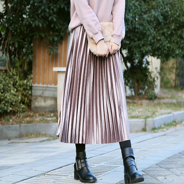 百褶裙秋冬中长款丝绒百搭长裙女夏2016新款春韩版金丝绒半身裙子