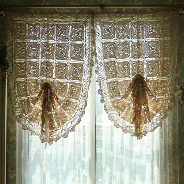 美式乡村怀旧田园zakka本色手工钩针丝带抽绳中央提拉窗帘波纹帘