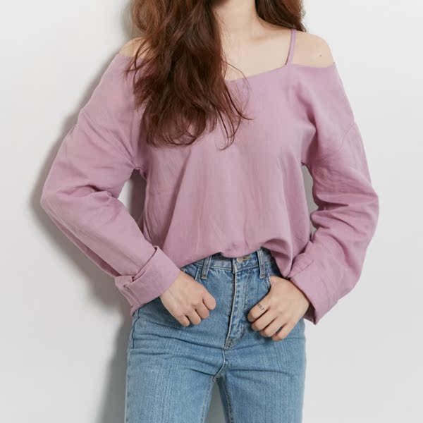 韩版女装纯色露肩长袖t恤女学生吊带一字领宽松上衣春秋打底衫潮