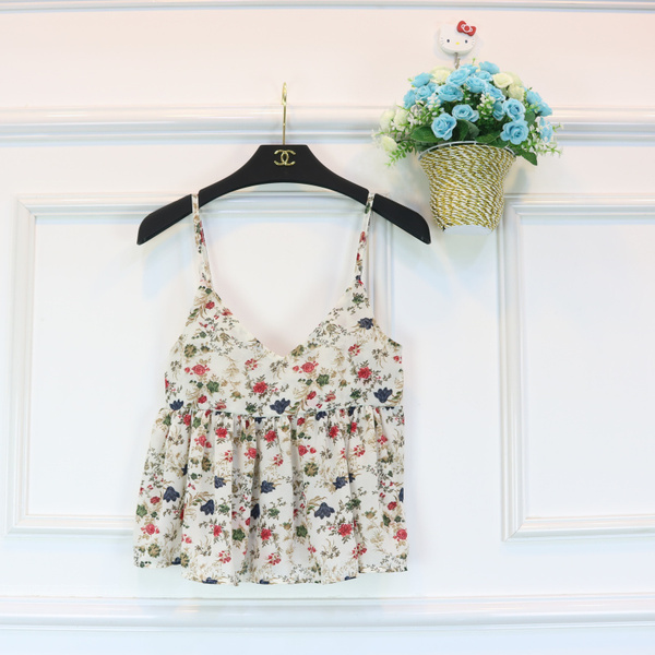 2016夏季新款韩版甜美雪纺碎花显瘦荷叶边裙摆V领小背心吊带女