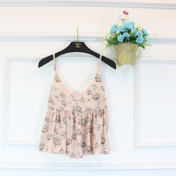 2016夏季新款韩版甜美雪纺碎花显瘦荷叶边裙摆V领小背心吊带女