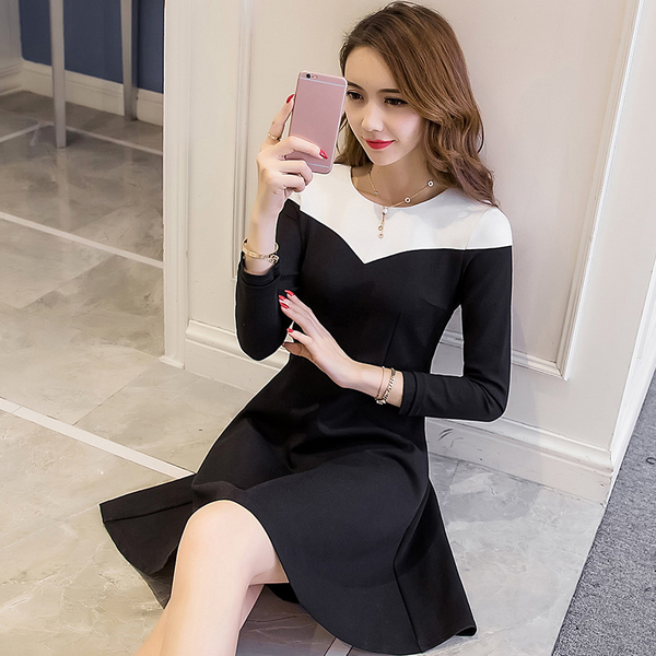 【天天特价】春季新款韩版拼接修身连衣裙女收腰显瘦A字裙中长款