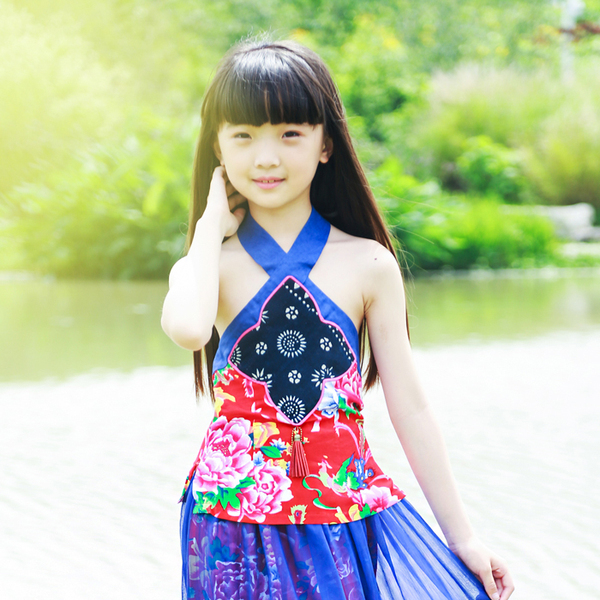 原创童装亲子装--复古风挂脖肚兜吊带透视薄纱长裙女童套装女夏装-淘