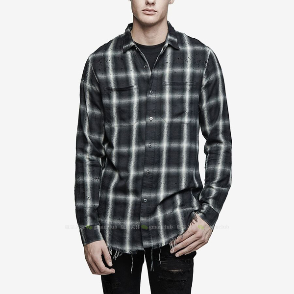 现货 高街 amiri 阿米里 2017新 柔软丝棉自然撕边灰格子长袖衬衫