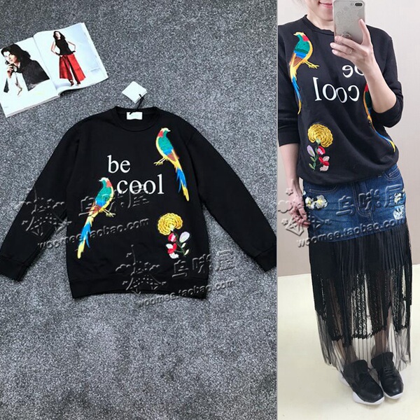 意大利vicolo气质花鸟刺绣图案卫衣女2017春季新款宽松套头xm