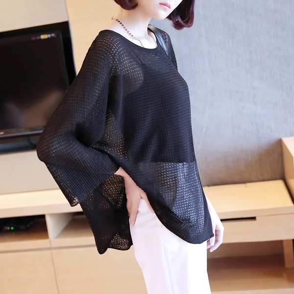 夏东大门透视性感宽松蝙蝠衫镂空套头棉麻薄款针织衫网衫上衣罩衫