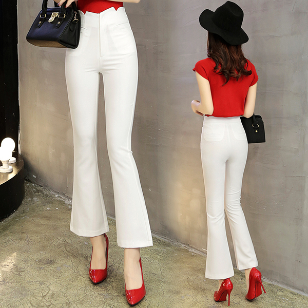 白色微喇裤女2017夏新款白色休闲裤女九分裤高腰修身弹力微喇叭裤